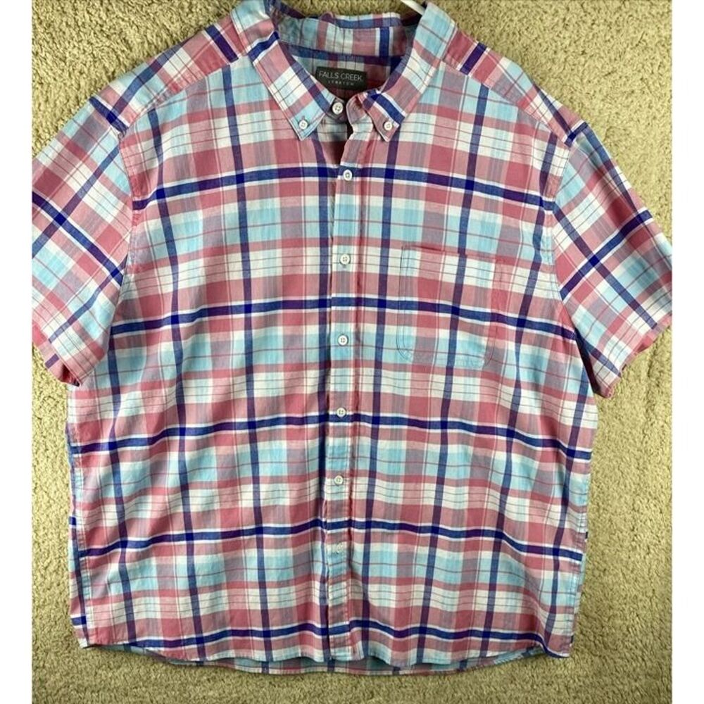 Falls Creek Stretch No Tuck Men Sz 3XL Pink Plaid Button Down Short Sleeve Shirt